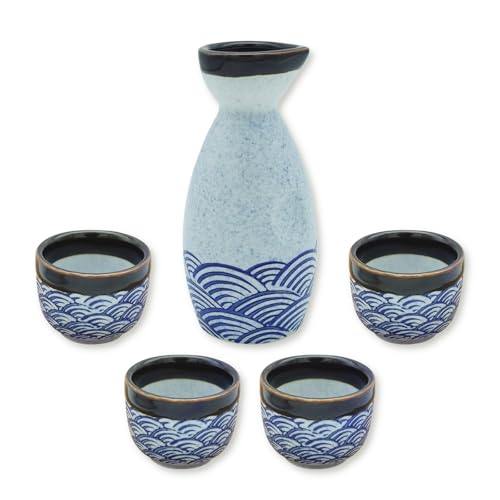 KeQiu Porcelain Japanese Sake Set, Ceramic Bottle and Cups for Sake, Dishwasher & Microwave Safe, Blue Wave Pattern, 1 Sake Bottle and 4 Sake Cups