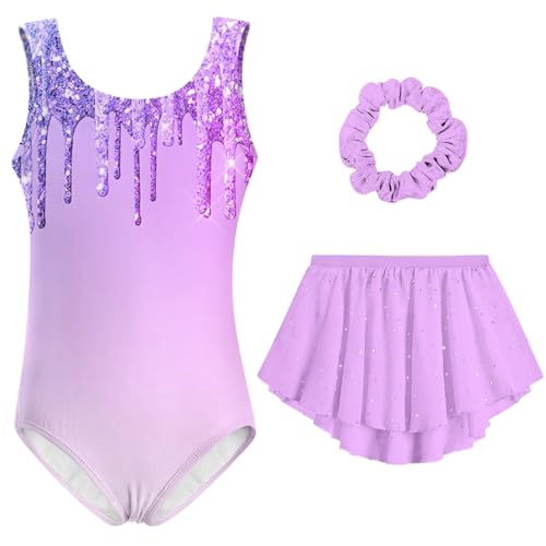 Idgreatim Gymnastic Leotards for Girls Size 6-7 Sparkly Ballet Dance Dress with Skirt and Hair Scrunchie Athletic Tumbling Outfit Class Activewear Combo