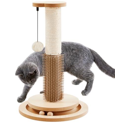 Made4Pets Cat Scratching Post 18" Tall for Small Kittens, 4-in-1 Cat Scratcher with Natural Sisal Ropes, Wooden Turntable Track Toy with Self Grooming Brush, Premium Scratch Pole with Plush Balls