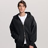 FAIABLE Mens Womens Double Zip Up Hoodie Oversized Acid Wash Hoodies Heavyweight Fleece Cotton Zipper Hoodie Vintage Y2k Full Zipup Hoodie Couples Streetwear Black