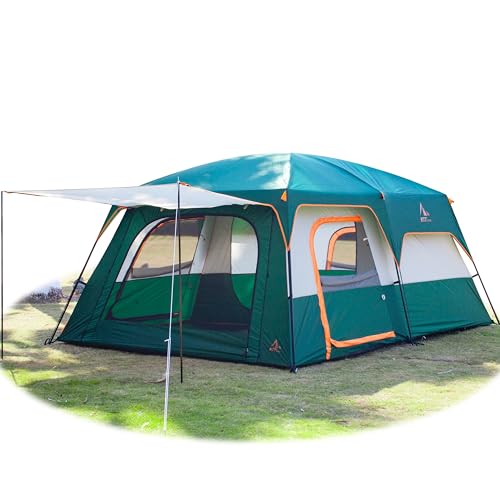 KTT Extra Large Tent 12 Person(A),Family Cabin Tents,2 Rooms,3 Doors and 3 Windows with Mesh,Straight Wall,Waterproof,Double Layer,Big Tent for Outdoor,Picnic,Camping,Family Gathering(Green)