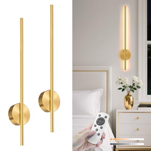 NIORSUN 27.6 Inch Battery Operated Wall Sconce Set of 2, Gold Minimalism Rechargeable Wall Lights with Remote, 3CCT Dimmable Wireless Wall Lamp for Living Room Bedroom Hallway
