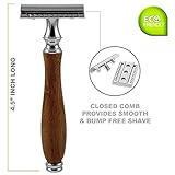 Krisp Shave (4.5 Inch) Long Wood Handle Safety Razor for Men Women - Double Edge Manual Razor - Fits All Double Edge Razor Blade - Comes With 5 Shaving Blades, Brown