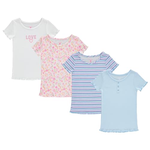 BTween 4-Pack Rib Knit Girls Tops - Short Sleeve Lettuce Trim Ribbed Girl Shirts - Stripe/Floral/Solid