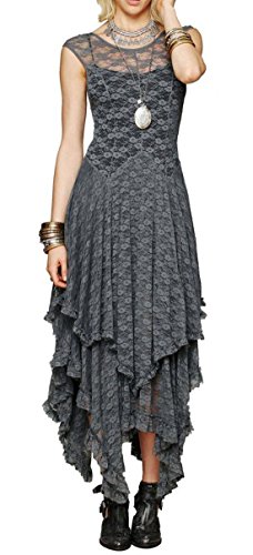 R.Vivimos Womens Sleeveless Backless Asymmetrical Layered Lace Long Dress with Slip Two Pieces (Small, Grey)