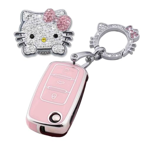 Pangpai Pink Car Accessories 3 Pcs for VW Volkswagen Jetta Golf Polo MK6 Passat Tiguan Beetle Key Fob Cover with Bling Keychain Cute Push to Start Button Cover