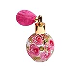 Goddess Arts Collection Romantic Refillable Glass Perfume Bottle Atomizer with Hand Painted Pink Roses and Lustrous Crystal Pearls