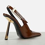 THESHY Women's Slingback Stiletto High Heels Square Toe Metal Buckle Pumps Backless Patent Leather Fashion Dress Shoes for Women Brown