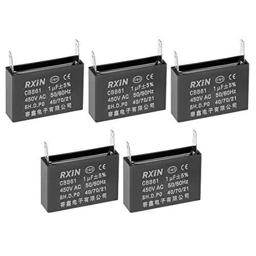 uxcell Ceiling Fan Capacitor CBB61 1uF 450V AC Single Insert Metalized Polypropylene Film Capacitors 36.5x11x22mm for Water Pump Motor Generator, Pack of 5