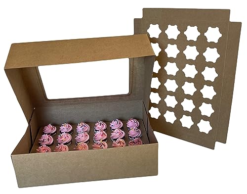 Mini Cupcake Box 5-Pack, Holds 24 Mini Cupcakes, CupCake Holder, Cake Carrier, Food Grade Brown Kraft Pop-up Bakery Boxes, 14 x 10 x 4 inch with Inserts and Window Fits 24 Mini Cupcakes Pack of 5.