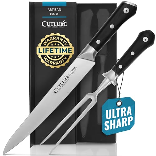 Cutluxe Turkey Carving Knife Set Carving Fork & Knife for Meat, BBQ, Brisket Razor Sharp Premium German Steel Full Tang, Ergonomic Handle Artisan Series