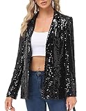 Women's Plus Size Sequin Jacket Long Sleeve Sparkly Blazer Coat Open Front Loose Outwear with Pockets Black XXL