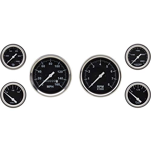 6-Gauge Vehicle Instrument Kit: Black Face, 3-3/8" Mechanical Speedometer & Tachometer, 2-1/16" Fuel, Temp, Oil & Volt Gauges, Stainless-Steel Bezel, Incandescent Lighting, Easy Installation