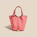 Genuine Leather-Handbags,Bucket- with Lock,Clemence -Portable,fashion-Female Bag (golden pink)