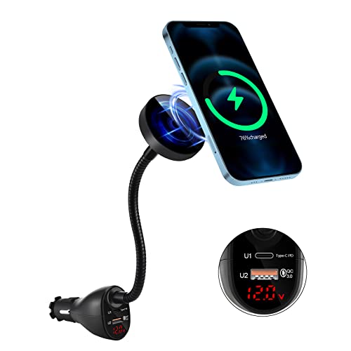 DACK Mag-Safe 15W Car Cigarette Lighter Wireless Charger, Magnetic Auto-Alignment Air Vent Mount Holder with Dual Port PD&QC3.0 Fast Charging for iPhone 13/13 Pro/ 13 Pro Max/12 Series