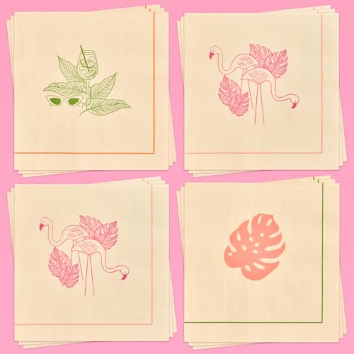 xo, Fetti Beige Tropical Vacation Napkins - 3-ply, 24 pcs | Bachelorette Cocktail Napkins, Palm Tree Dinner Party Setting, Miami Birthday Decoration, Cute Tablescape