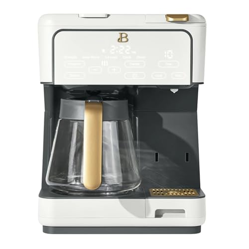 Beautiful Multi-Brew Coffee Maker by Drew – brew a 12-cup carafe or single-serve in under 70s, programmable timer, over-ice option, 3 strength settings, touch display & 40 oz tank (White Icing)