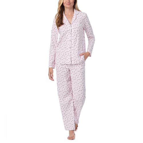 Carole Hochman Women's 2-Piece Cotton Pajama Set – Long Sleeve Notch Collar Top & Pant with Adjustable Waist, Pockets, Cardinal & Rose, Petite Large