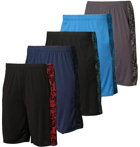 5 Pack Men’s Active Quick Dry Fit Short Pockets Athletic Running Gym Basketball Workout Activewear Sports Men, Set 11, M, Pack of 5