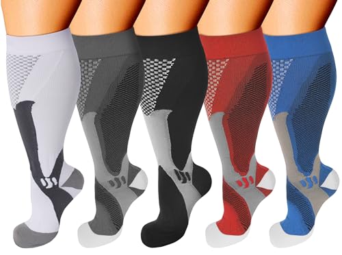 Double Couple 5 Pairs Wide Calf Compression Socks for Men Women Extra Plus Size Knee High Support