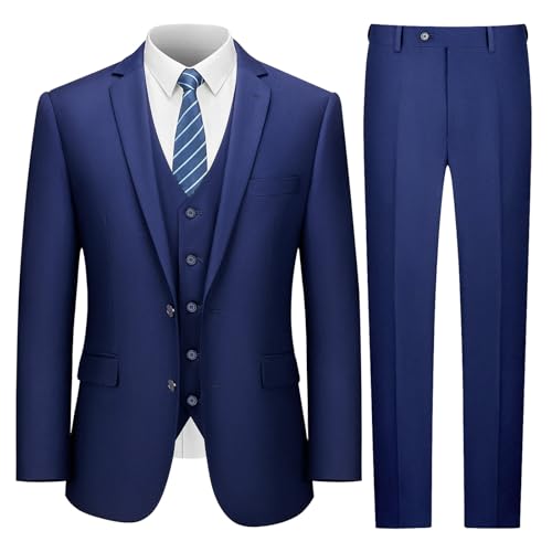 Premium Suits for Men 3 Piece Mens Suit,2 Buttons Solid Jacket Vest 3D Drap Tech.Pants,Classic Slim Fit Tuxedo Suit Set for Business Wedding Prom Formal，Navy Blue L