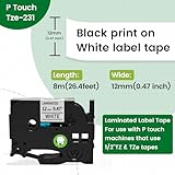 Label Maker Tape Tze Tz Tape 12mm 0.47 Laminated White TZe-231 Replace for Brother P Touch Label Maker Tape TZ-231 AZe-231 Compatible with Brother Label Maker Refills PT-D210 PTH110 PTD220 PTD410, 6PK