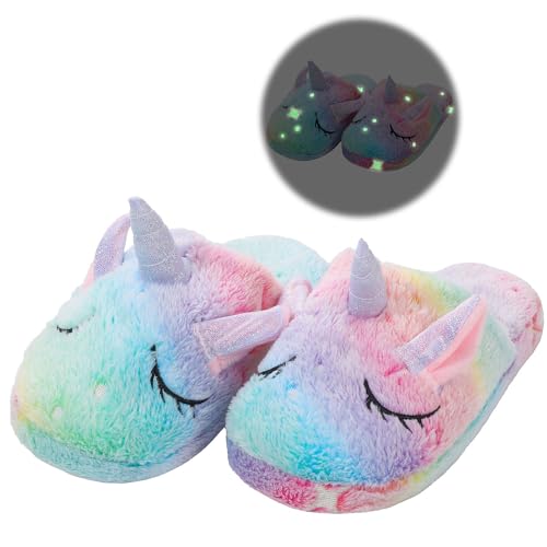 TYONMUJO Kids Unicorn Slippers for Boys & Girls - Toddler Fuzzy Slippers with Anti Slip Soles & Glow in the Dark Rainbow Unicorn Design
