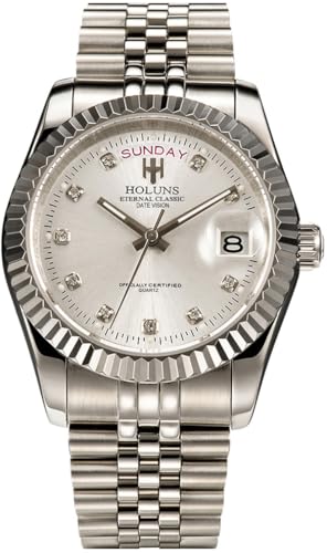 HUNRUY 41MM Mens Luxury Quartz Watch with Calendar Luminous Waterproof Wrist Watches (Silver)