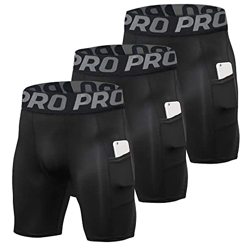 YUSHOW Compression Shorts Men Sports Workout Running Spandex Shorts Compression Underwear for Men with Pocket Tights 3 Pack Black