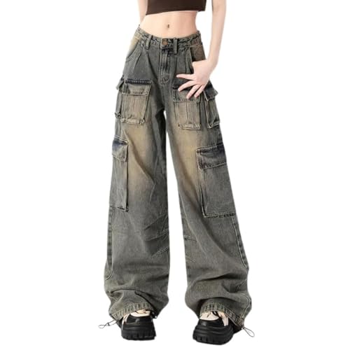 Hugboom Baggy Cargo Pants for Women Girls Retro Low Rise Wide Leg Jeans Y2k Hip Hop Streetwear Grunge Clothes Blue(M)