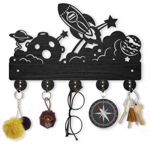 MAYJOYDIY Rocket Planet Coat Rack Wall Mount 11.8×7.9inch Wood Key Holder for Wall Key Hanger Mysterious Space Theme Key Hooks 5 Alloy Hooks Star Cloud Black Key Rack for Art Decor Entryway Gift
