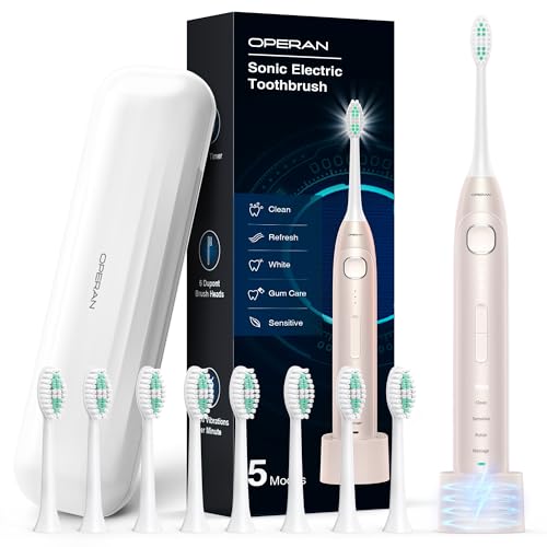 Operan Electric Toothbrush for Adults and Kids Rechargeable Sonic Toothbrush with 5 Modes 2-Min Smart Timer IPX7 Waterproof 40,000 VPM Motor with 8 Brush Heads & Travel Case (Champagne)