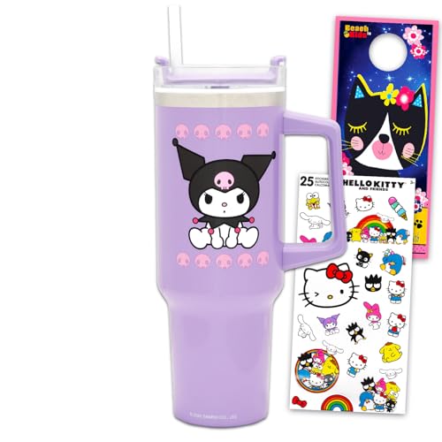 SANRIO Kuromi Travel Cup Set - Bundle with 40 Oz Stainlesss Steel Tumbler with Handle and Straw for Summer Plus Stickers and More | 40 Ounce Kuromi Travel Cup for Girls, Teens, Adults