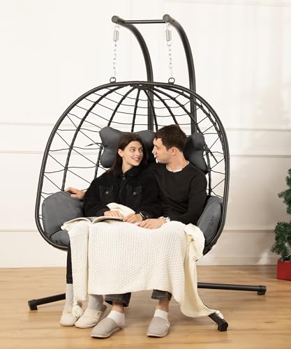 Double Egg Chair wth Stand Hammock Swing Chair Foldable Hanging Loveseat, UV Resistant Removable Cushions, 700LBS Capacity for Bedroom, Balcony, Garden(BK-GR)