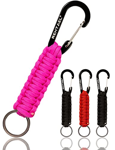 REHTAEL Keychain Paracord Carabiner Men/Women, Military Braided Heavy Duty Key Chain w/Belt Clip D-Ring for Car Keys, Keychain Strap for Backpack Camping Hiking, 4Pcs (2*Black & 1*Pink & 1*Red)