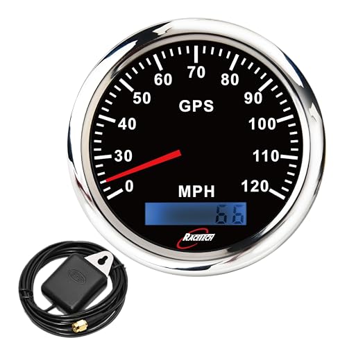 RACETECH 7 Color LED Black Dial 85mm 3-3/8" Electrical GPS Speedometer 120 MPH Stainless Steel Rim Odometer Waterproof 12V 24V for Car Truck Marine Boat Yacht Motorcycle