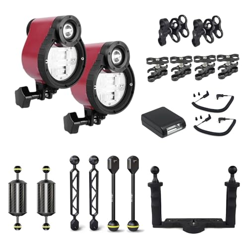 Seafrogs ST-100 PRO Lighting Strobe Kit. Includes 2X ST-100 Pro Strobe, 2X Float Balls, 4X Extension Bars, 2X Optical Fiber Cable, 1x Aluminium Tray for SeaFrogs housing with Fiber Optic Port
