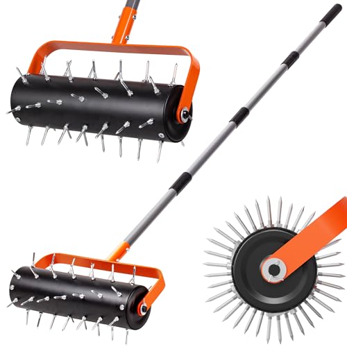 Walensee Rolling Lawn Aerator, Heavy Duty Manual Aerator Tool with 42 Spikes, Lawn Spike Aerator Roller with 71" Adjustable Handle, Soil Penetrator Push Lawn Aeration for Garden Yard Patio