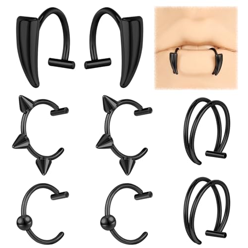 ZS Stainless Steel Fake Lip Ring Vampire Teeth Ring, Adjustable Fake Lip Piercing Non-Piercing Lip Cuff Ear Cuff Earrings Fake Septum Nose Piercing Jewelry For Women Men (Black)