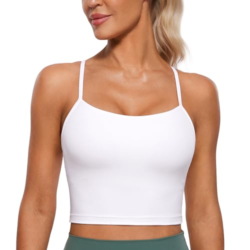 CRZ YOGA Womens Butterluxe Y Back Longline Sports Bras - Spaghetti Straps Racerback Padded Yoga Workout Crop Tank Top White Large