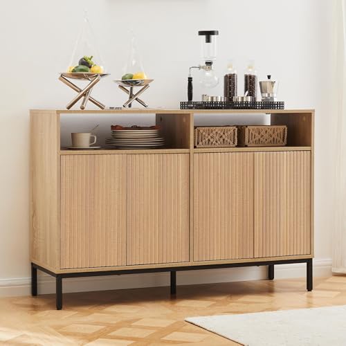 Mericonia Farmhouse Buffet Sideboard Cabinet with Storage, Fluted Natural Coffee Bar Station Table with Doors and Adjustable Shelves, Modern Wood Cupboard for Kitchen, Livingroom, Entryway