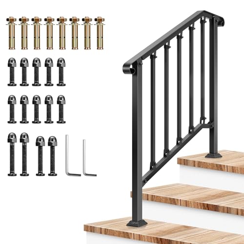 VIVOSUN Outdoor Handrail, 3 Step Stair Handrail, 40" x 36" Fits 1 to 3 Steps, Wrought Mattle Iron Stair Railing with Curved End and Balusters for Concrete Step, Porch Steps, One-Step Assembly, Black