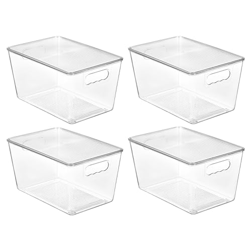 Vtopmart 4 Pack Clear Stackable Storage Bins with Lids, Large Plastic Containers with Handle for Pantry Organizer and Storage,Perfect for Kitchen,Fridge,Cabinet, Closet,Bathroom Organization