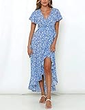 ZESICA Women's Summer Bohemian Floral Printed Wrap V Neck Beach Party Flowy Ruffle Midi Dress,Blue,Large