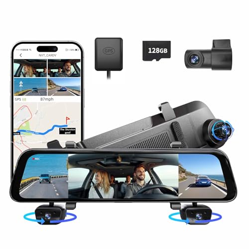Rear View Mirror Back up Camera for Cars, 4 Channel 360 Dash Cam Front and Rear Inside, 12" Touch Screen, Wi-Fi, GPS, Night Vision, G-Sensor, Parking Mode, 128G Micro SD Card