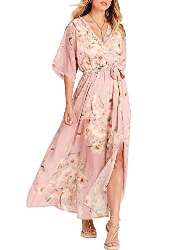 ANRABESS Women’s Summer Loose Boho Flowy Wrap V Neck 3/4 Sleeve Floral Print Slit Beach Wedding Guest Long Maxi Dresses Floral Pink Medium