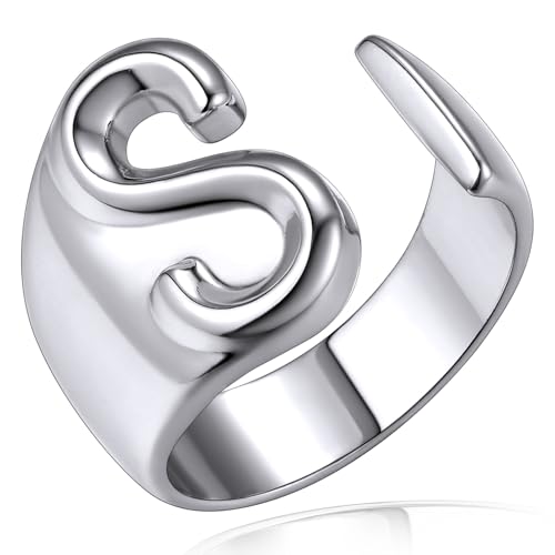 KeyStyle Letter S Rings for Women, Bold Initial Rings Platinum Plated Adjustable Name Rings A-Z Bridesmaid Gift