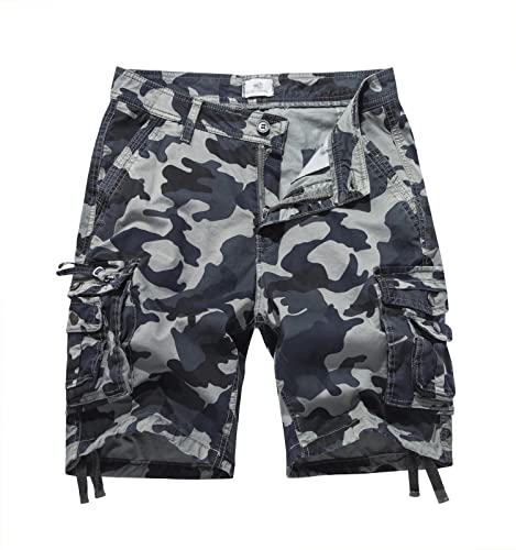 FOURSTEEDS Women's Mid Rise Cotton Multi Pocket Camouflage Cargo Shorts Casual Summer Bermuda Hiking Shorts Grey&Navy Camo US 8