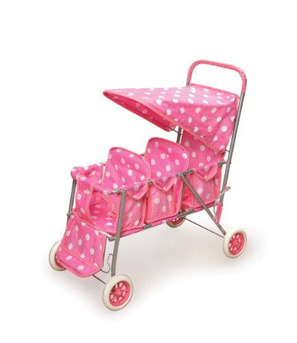 Badger Basket Triple Doll Stroller for Dolls - Lightweight and Foldable Toy Pram with Canopy - Fun Pretend Play for Kids in Stylish Pink with Polka Dots