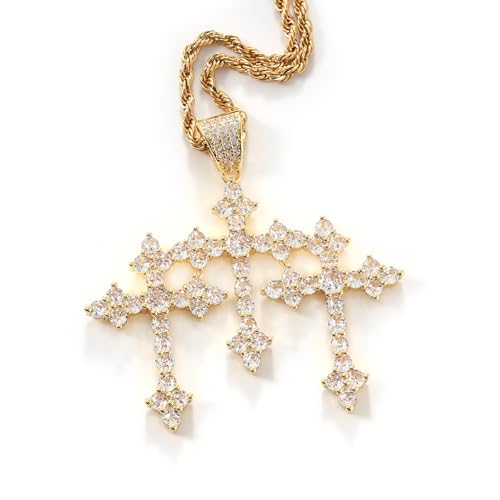 LuxeFlex Iced Out Baguette Diamond Cross Pendant, 14K Gold Plated Religious Three Stacked up Gothic Cross Necklace, Hip-Hop Jewelry for Men Women (Traditional Gold)